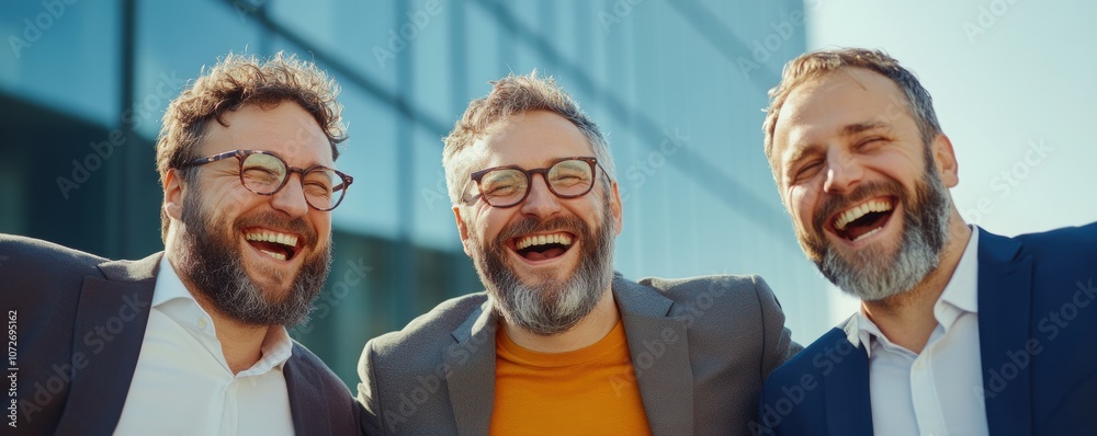 Fototapeta premium Group of smiling business professionals with beards standing outside office building. Teamwork and friendship concept