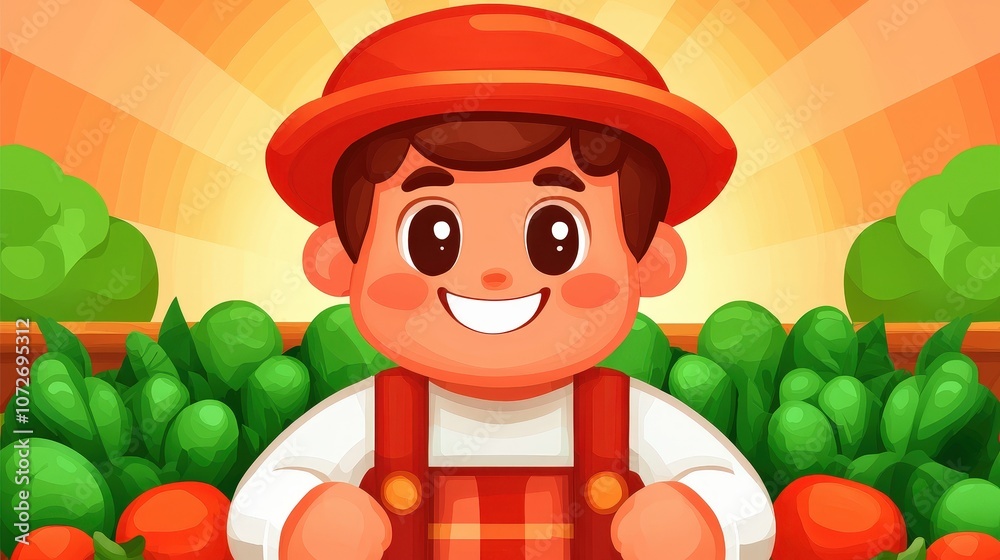 Naklejka premium Smiling Farmer Selling Fresh Produce at Market Stall Illustration