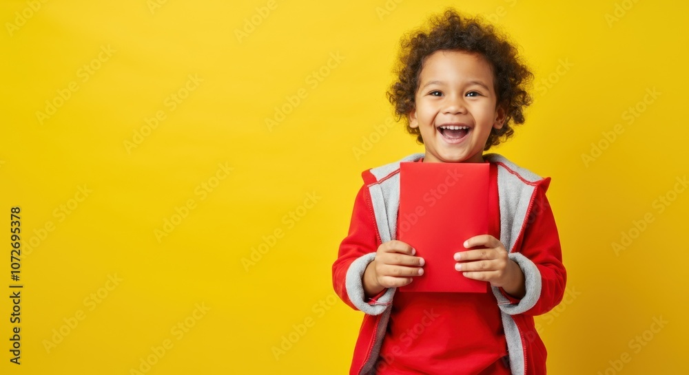 Happy child in red holding book against yellow background Happy child in red holding book against yellow background