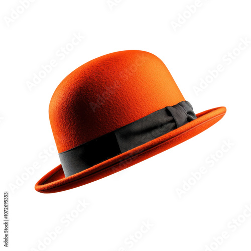 A vibrant orange felt hat with a black band, showcasing a classic, stylish design.