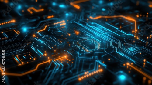 Wallpaper Mural Abstract Circuit Board Background with Glowing Blue and Orange Lines and Lights - Technology, Futuristic, Digital, Cyber Torontodigital.ca