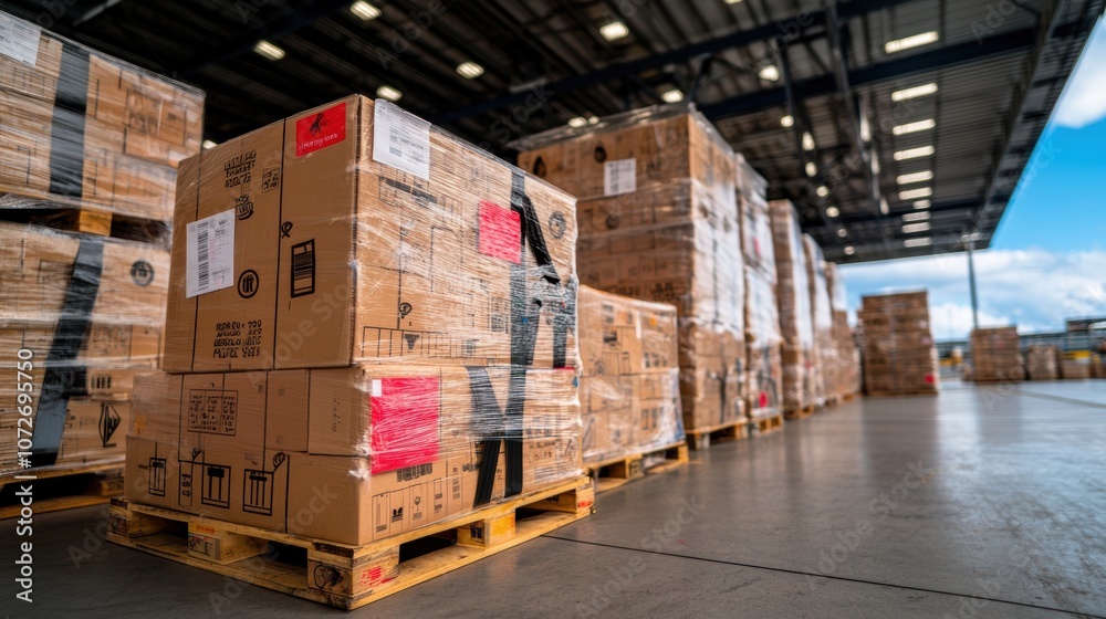 Stacked cardboard boxes wrapped in plastic on wooden pallets in a warehouse. Logistics and distribution center for goods. Stacked cardboard boxes wrapped in plastic on wooden pallets in a warehouse. Logistics and distribution center for goods.