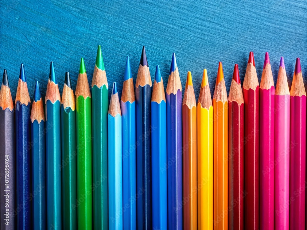 Closeup of Vibrant Colored Pencils on a Smooth Blue Surface Captured from Above, Showcasing Their Rich Hues and Textures Ideal for Art Supplies and Creativity Themes Closeup of Vibrant Colored Pencils on a Smooth Blue Surface Captured from Above, Showcasing Their Rich Hues and Textures Ideal for Art Supplies and Creativity Themes