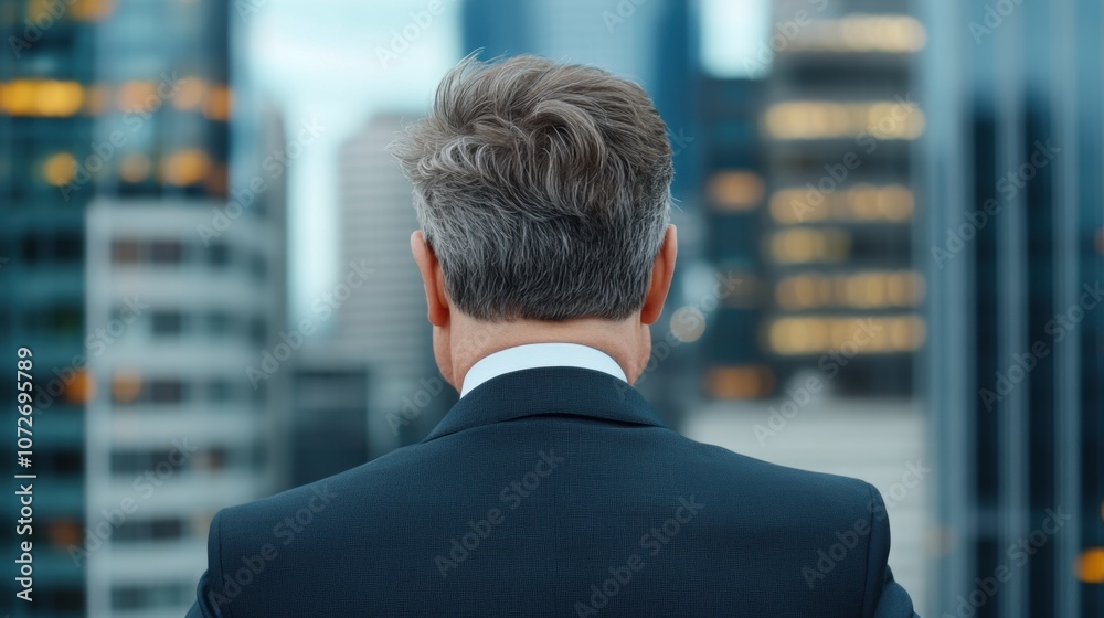 Back view of a mature man in a suit standing outdoors with a cityscape background. Business and leadership concept. Back view of a mature man in a suit standing outdoors with a cityscape background. Business and leadership concept.