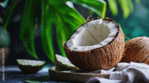 Halved coconut with natural green background