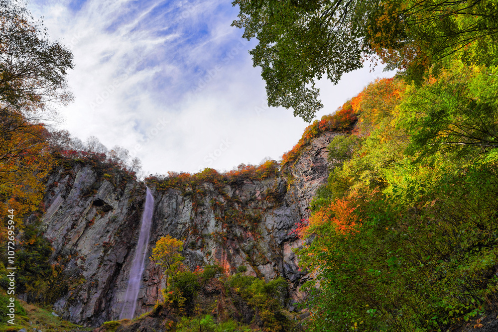 秋の紅葉と米子大瀑布の滝の風景