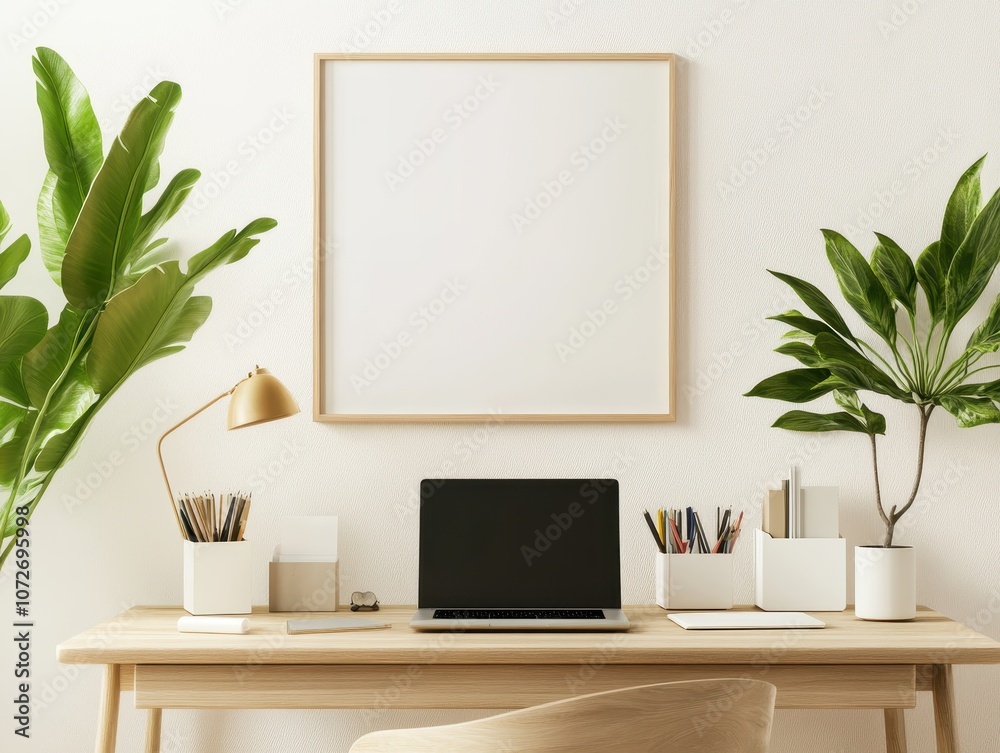 Minimalist Home Office Desk with Laptop, Plants, and Wooden Frame Mockup Minimalist Home Office Desk with Laptop, Plants, and Wooden Frame Mockup