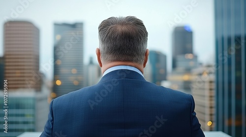 Back view of a mature businessman in a suit overlooking city skyline. Leadership and corporate concept