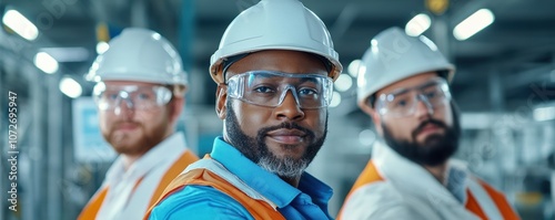Group of industrial engineers wearing safety helmets and goggles in a factory. Teamwork and occupational safety concept.
