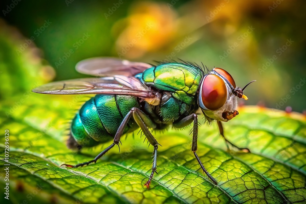 Close-Up Panoramic Capture of a Fly on a Leaf with Detailed Leaf Texture and Vibrant Green Background, Showcasing Nature's Intricacies in Macro Photography Close-Up Panoramic Capture of a Fly on a Leaf with Detailed Leaf Texture and Vibrant Green Background, Showcasing Nature's Intricacies in Macro Photography