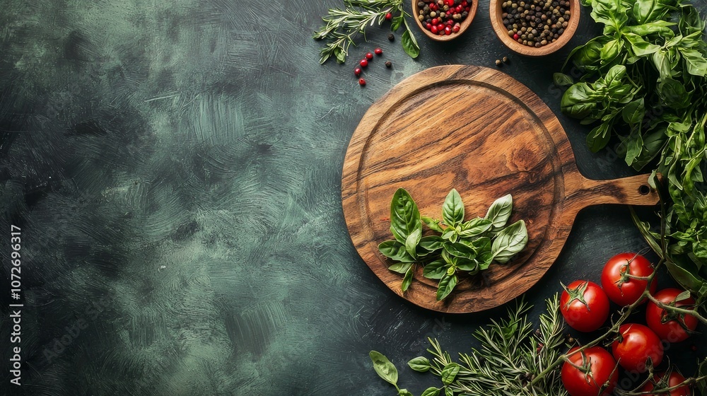 Fresh herbs and spices on rustic cutting board background Fresh herbs and spices on rustic cutting board background