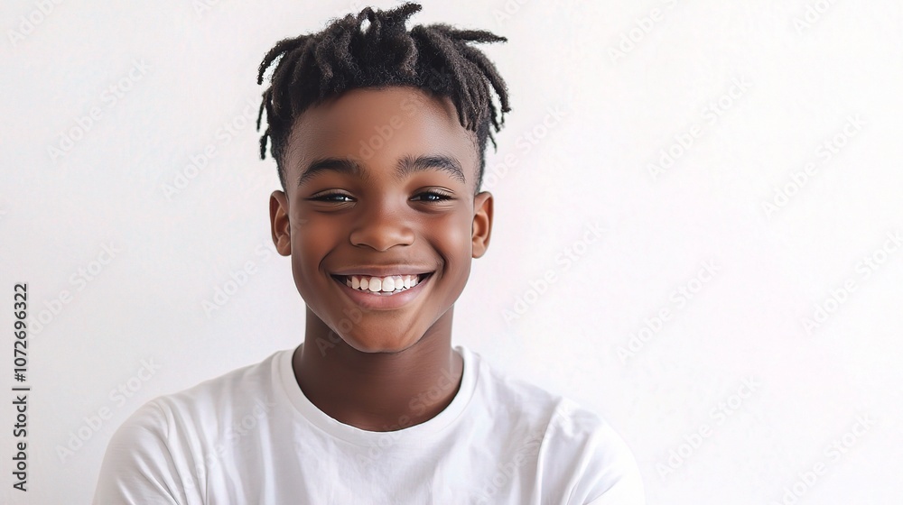 Portrait of a smiling handsome African boy showcasing joy and confidence, perfect for web banners and promotional materials with a fresh, youthful vibe.