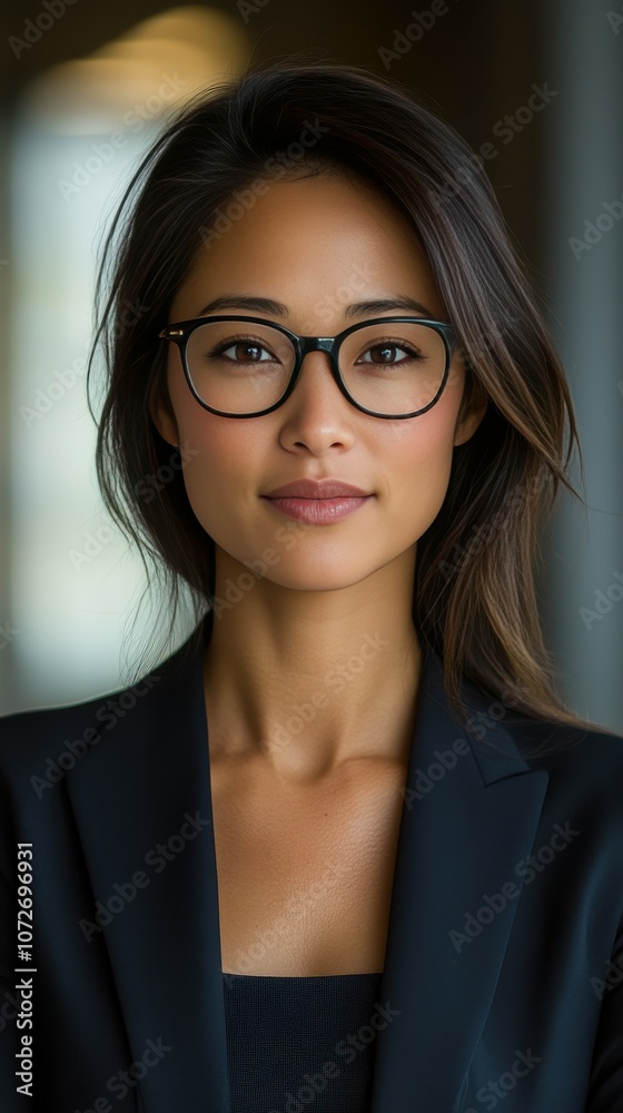 A woman wearing glasses and a black jacket. She has a nice smile on her face. Concept of confidence and professionalism A woman wearing glasses and a black jacket. She has a nice smile on her face. Concept of confidence and professionalism