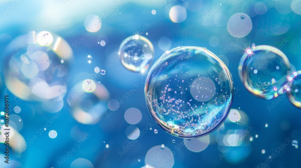 Close-up of soap bubbles with blue bokeh background