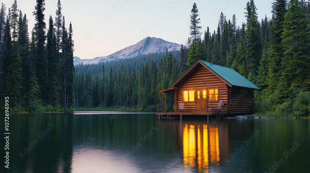 Fototapeta premium Secluded Cabin on Lake in Mountain Forest at Sunset