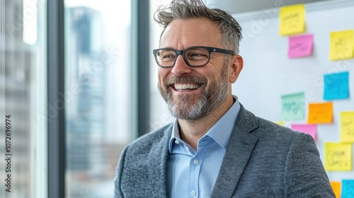 Smiling business professional with glasses standing in office with colorful sticky notes on board in background.