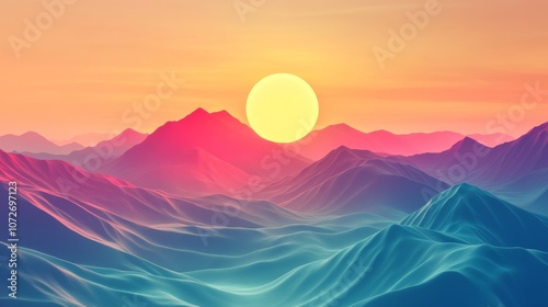 Vibrant Sunset Over Gentle Mountain Ridges with Soft Color Gradients and Dreamy Atmosphere in a Serene Landscape Setting