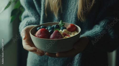 Woman holding a bowl of cereal with fresh fruits for breakfast inspiration photo