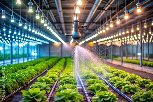 Close-Up View of Automated Irrigation Sprinklers in a High-Tech Greenhouse Watering Rows of Fresh Vegetables in Low Light Conditions for Advanced Agricultural Practices