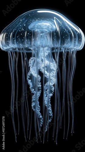 A large, long, blue jellyfish with a clear body. The jellyfish is floating in the water photo