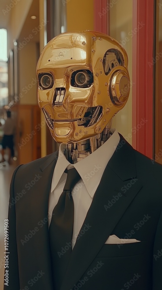 A man in a gold robot suit is standing in a hallway. The robot suit is gold and has a metallic look to it. The man is wearing a tie and a suit jacket A man in a gold robot suit is standing in a hallway. The robot suit is gold and has a metallic look to it. The man is wearing a tie and a suit jacket