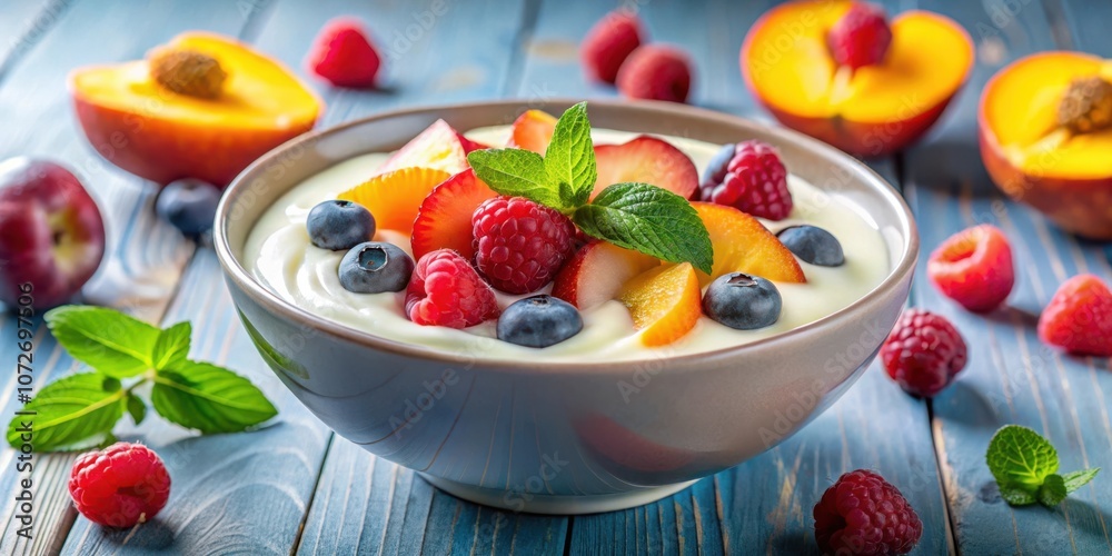A bowl of creamy yogurt topped with sliced peaches, blueberries, raspberries, and fresh mint leaves, all arranged on a blue wooden surface. A bowl of creamy yogurt topped with sliced peaches, blueberries, raspberries, and fresh mint leaves, all arranged on a blue wooden surface.