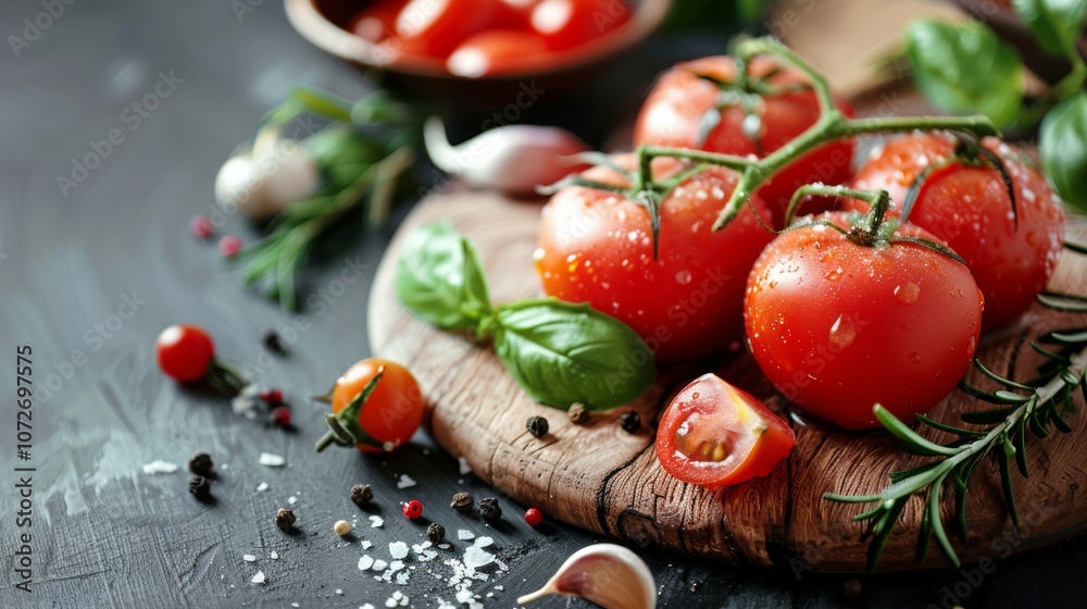 A Colorful Arrangement of Fresh Tomatoes and Aromatic Herbs Displayed on a Rustic Wooden Cutting Board A Colorful Arrangement of Fresh Tomatoes and Aromatic Herbs Displayed on a Rustic Wooden Cutting Board