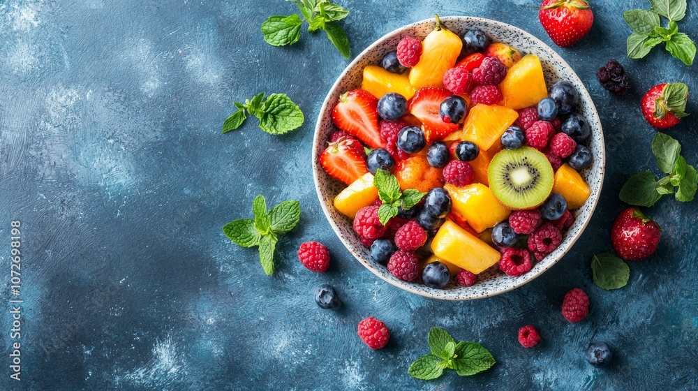 Healthy fruit salad with mixed berries and tropical fruits Healthy fruit salad with mixed berries and tropical fruits