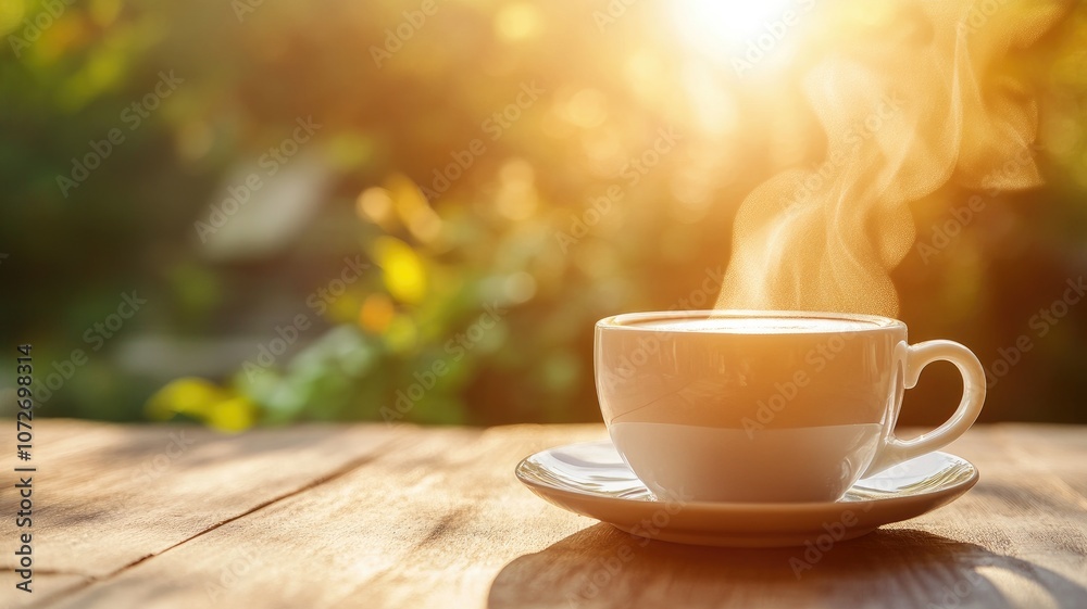 Steaming hot coffee cup on rustic wooden table in morning sunlight Steaming hot coffee cup on rustic wooden table in morning sunlight