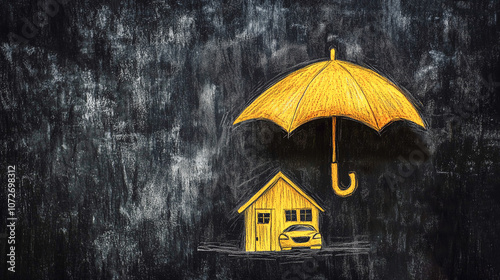 Property and auto insurance concept: A visual metaphor featuring a yellow umbrella shielding a house and a car, symbolizing comprehensive protection and security for valuable assets.