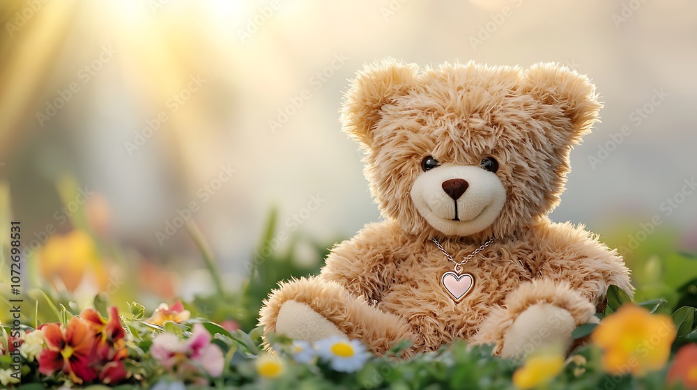 The teddy bear, with fluffy fur and a warm smile, sits contently in a lush green garden surrounded by colorful flowers The teddy bear, with fluffy fur and a warm smile, sits contently in a lush green garden surrounded by colorful flowers