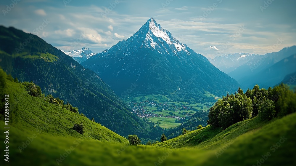 Fototapeta premium Majestic Mountain Peak Overlooking Lush Green Valley in the Alps