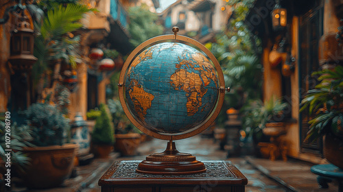 vintage globe on wooden stand in lush, vibrant alleyway photo