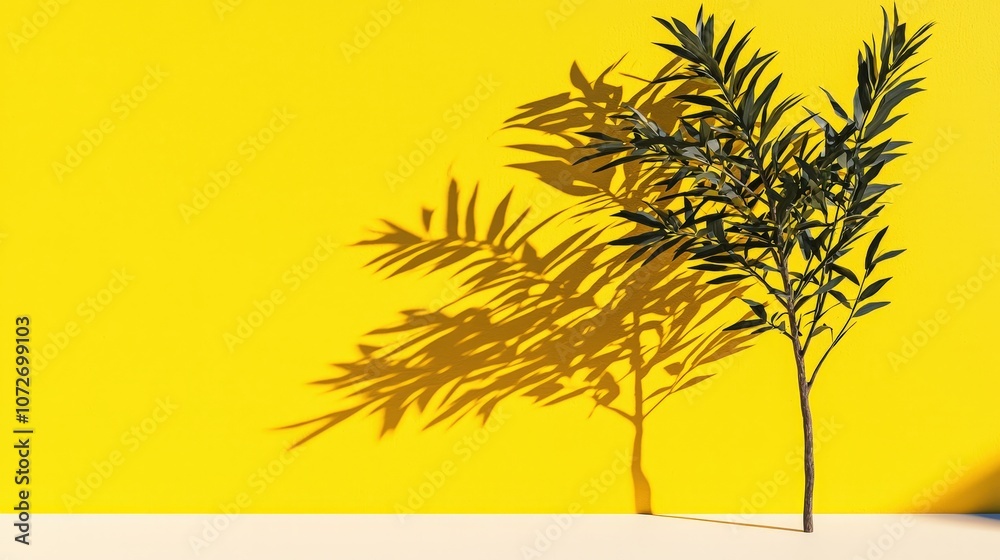 Naklejka premium Green Plant with Long Shadows on Yellow Wall Minimalist Background