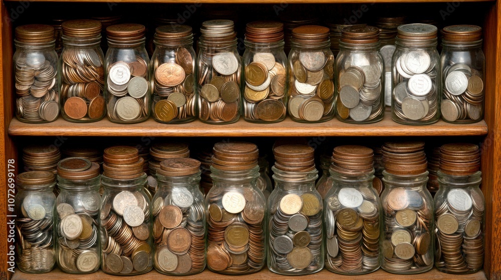 Coins in Glass Jars on Shelf with Natural Light Coins in Glass Jars on Shelf with Natural Light