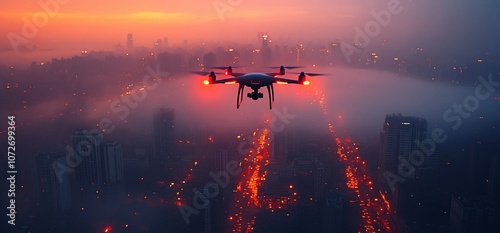 Drone flying over a foggy city at sunset.