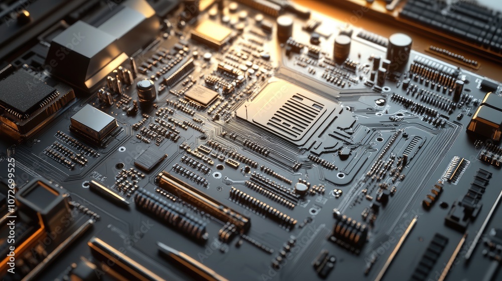 Close-Up View of a Detailed Circuit Board with Transistors, Capacitors, and Resistors Showcasing Complex Electronic Components and Textures Close-Up View of a Detailed Circuit Board with Transistors, Capacitors, and Resistors Showcasing Complex Electronic Components and Textures
