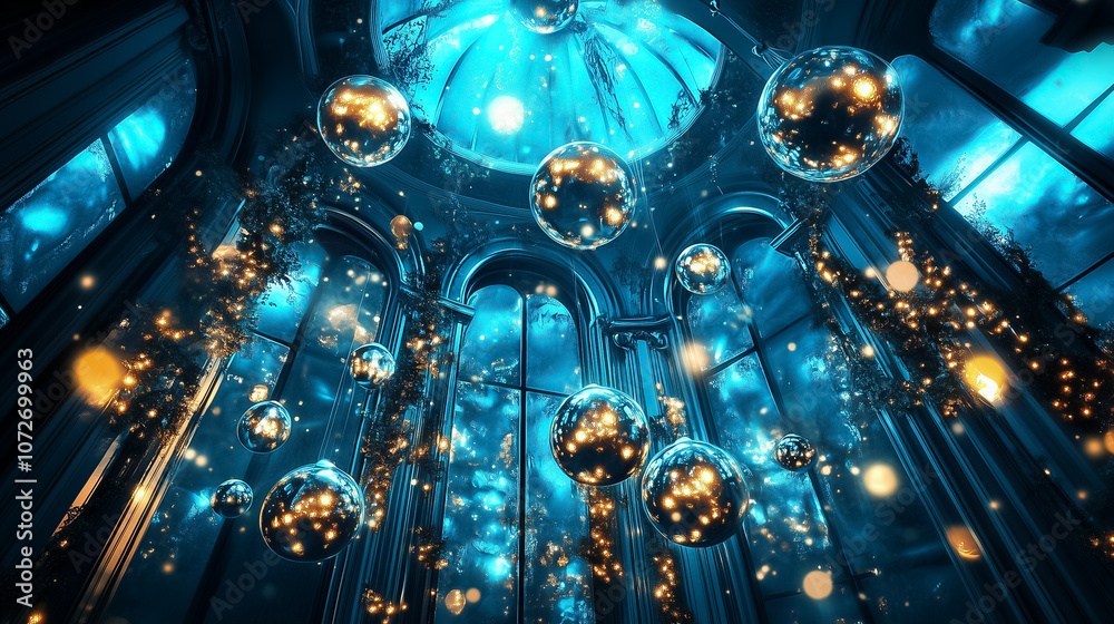 Obraz premium A captivating indoor scene features glowing orbs suspended in blue light, creating a dreamlike atmosphere