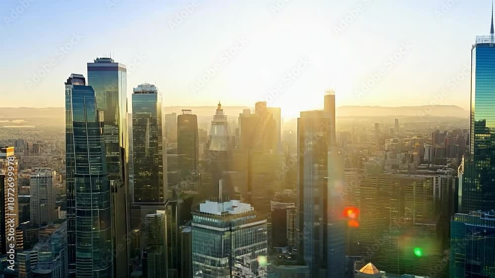 Majestic sunrise casting warm light over a contemporary city skyline
