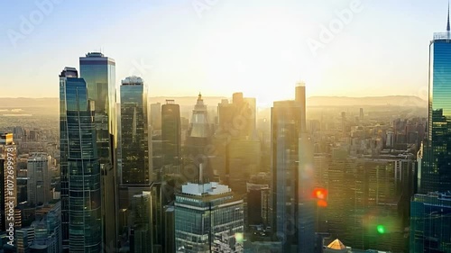 Majestic sunrise casting warm light over a contemporary city skyline