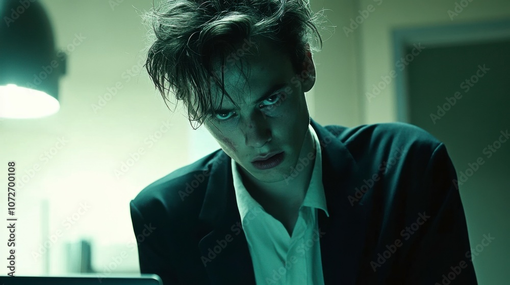 Tired Analyst Working Late at a Modern Workspace Tired Analyst Working Late at a Modern Workspace