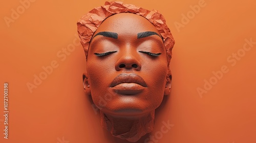 3D Rendered African American Woman Face with Closed Eyes on Orange Background