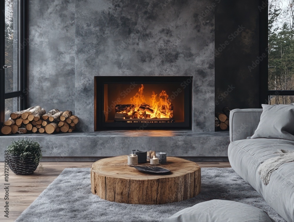 Warm Scandinavian Elegance: Gray Sofa by the Fireplace Warm Scandinavian Elegance: Gray Sofa by the Fireplace