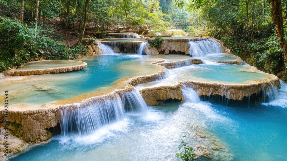 Serene Cascading Waterfalls in Lush Green Forest Setting with Crystal Clear Pools and Unique Rock Formations Showcasing Nature's Breathtaking Beauty Serene Cascading Waterfalls in Lush Green Forest Setting with Crystal Clear Pools and Unique Rock Formations Showcasing Nature's Breathtaking Beauty