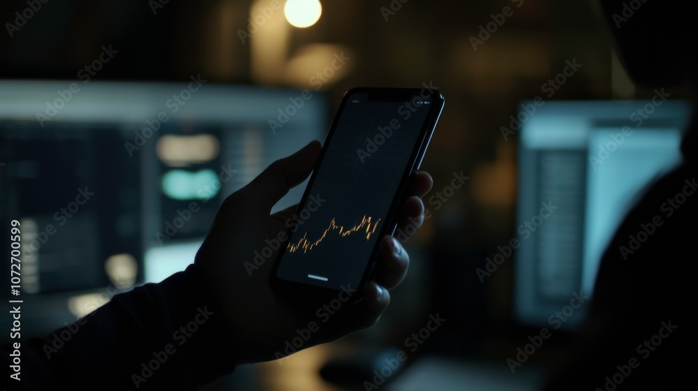Holding Phone with Stock Graph in Corporate Office Holding Phone with Stock Graph in Corporate Office