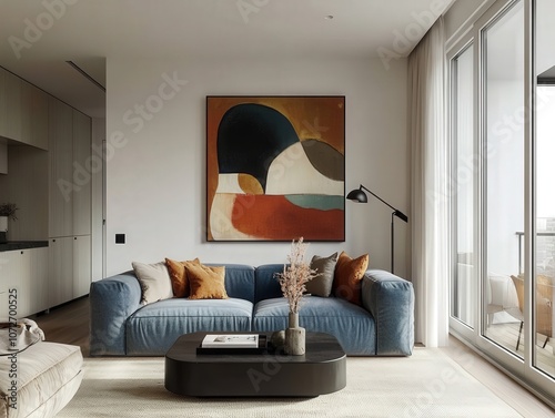 Modern living room with stylish furniture and abstract wall art for contemporary decor. photo