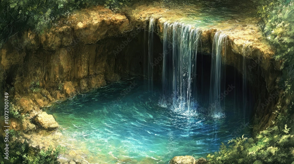 Naklejka premium A Serene Waterfall Cascading into a Tranquil Pool Surrounded by Lush Greenery in a Natural Landscape Setting