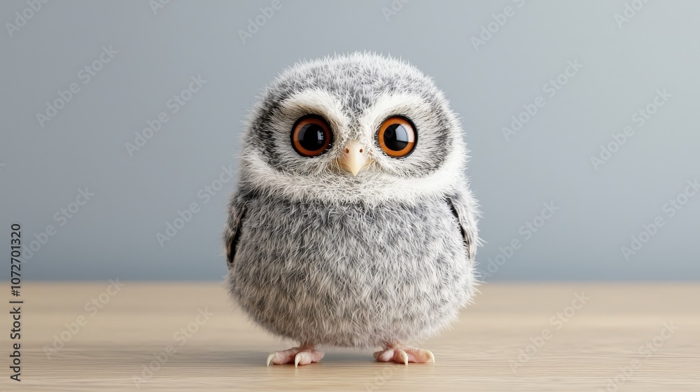 Cute Fluffy Owl Bird with Orange Eyes on Wooden Background Cute Fluffy Owl Bird with Orange Eyes on Wooden Background