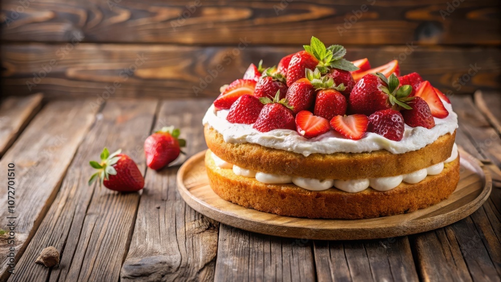 A Creamy Strawberry Cake with a Delicate Layer of Frosting on a Rustic Wooden Background A Creamy Strawberry Cake with a Delicate Layer of Frosting on a Rustic Wooden Background