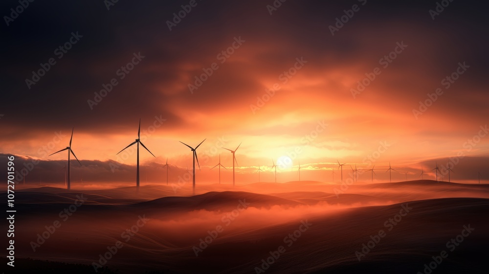 Serene sunset over wind turbines in a vast landscape Serene sunset over wind turbines in a vast landscape